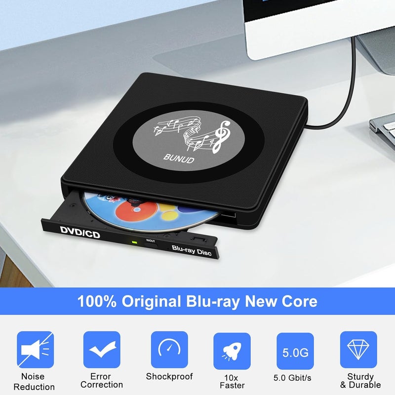 BVNUD External Blu Ray CD DVD Drive, USB Blu Ray Drive External Bluray Burner Read/Write BD Player with 2 USB and TF/SD Slots, Optical Blue Ray CD DVD Reader for Laptop Apple PC Windows 11 MacBook Pro Air - Image 3